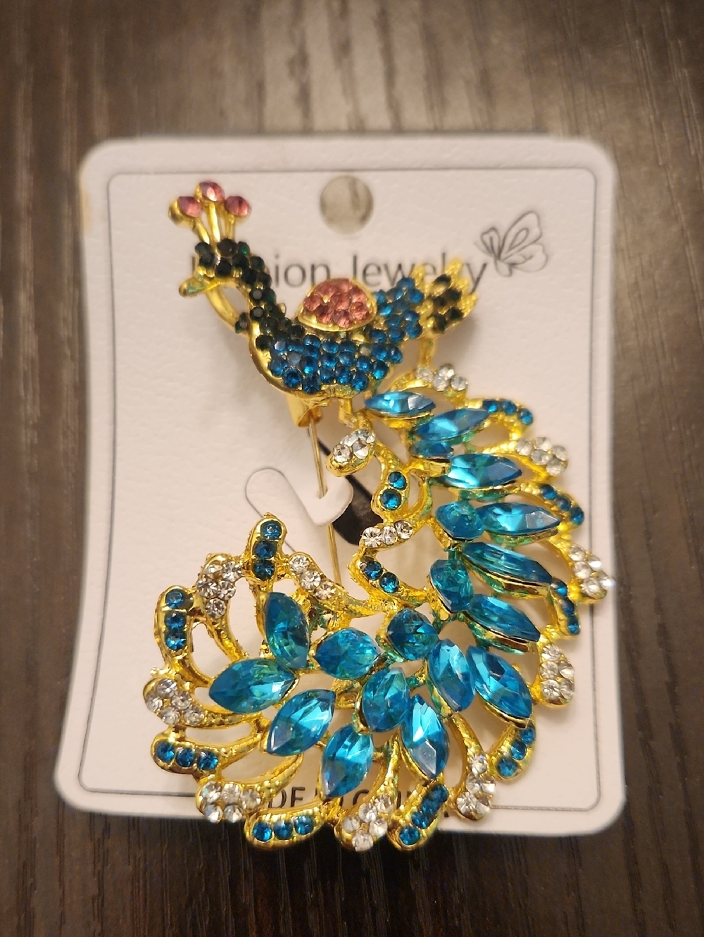 Fashion Jewelry Gold-Tone Peacock Brooch with Bright Blue and Pink Accents